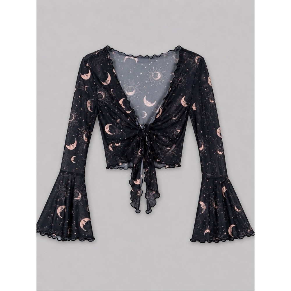 Womens Celestial Sheer Mesh Top Small Flare Sleeve Festival Coachella Witchy